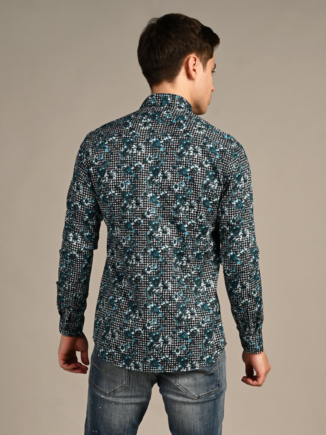 Killer Men Peacock Blue Printed Slim Fit Shirts