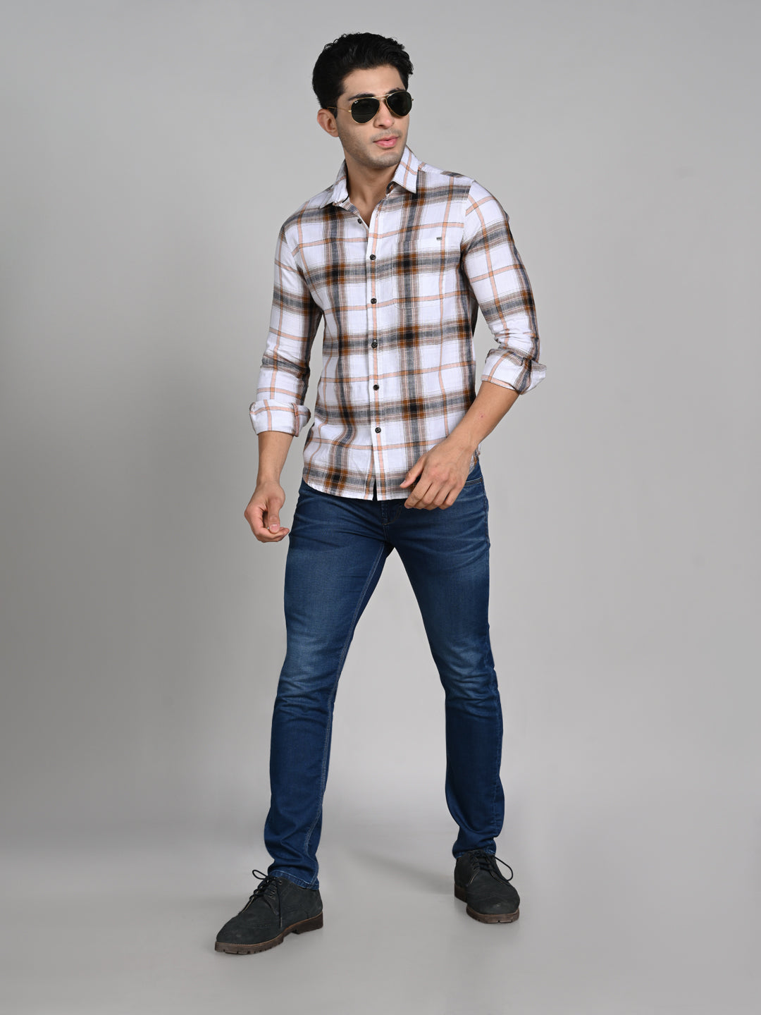 Killer Men Khaki Checks Slim Fit Shirts
