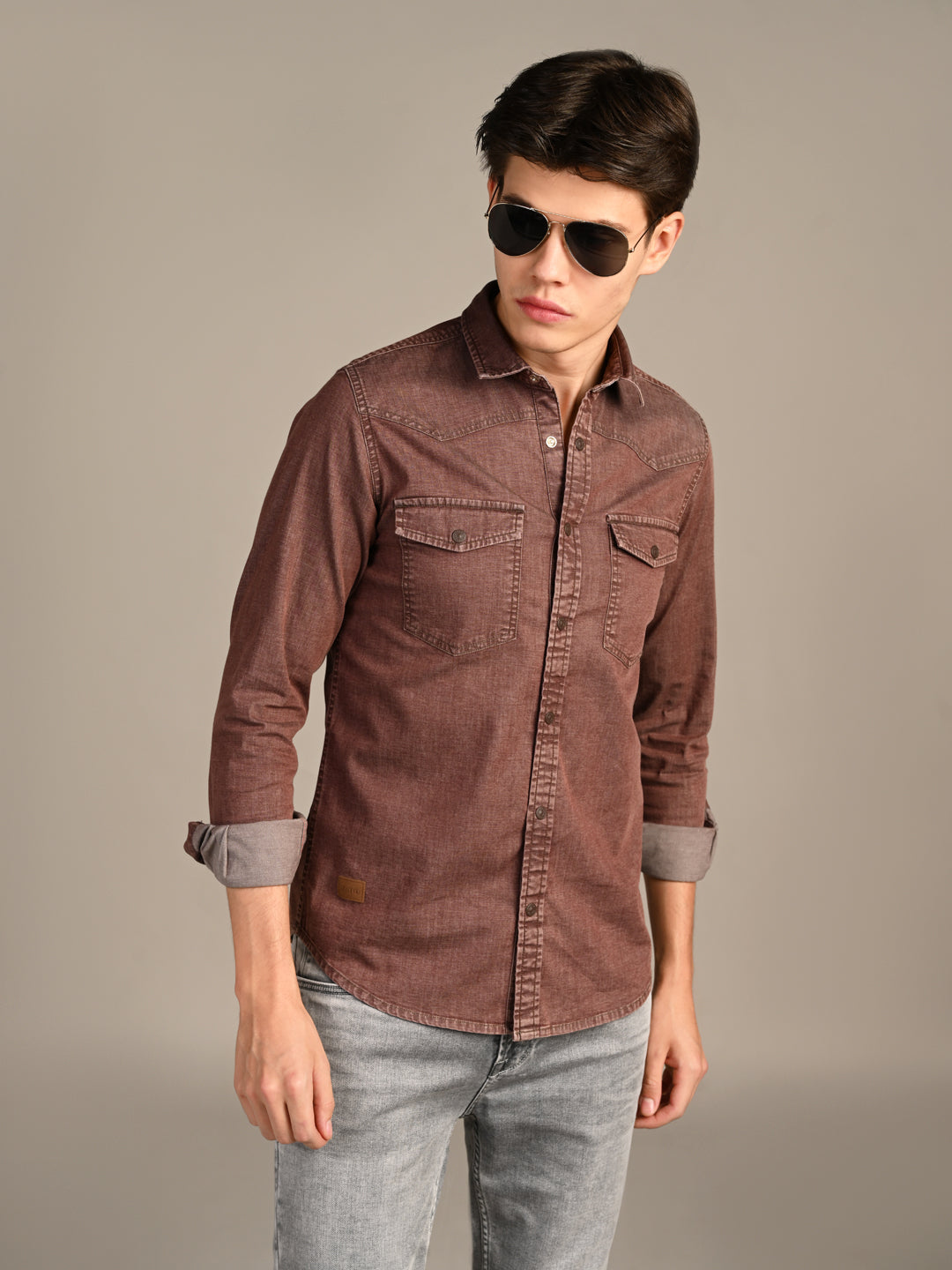 Killer Men Coffee Solid Slim Fit Shirts