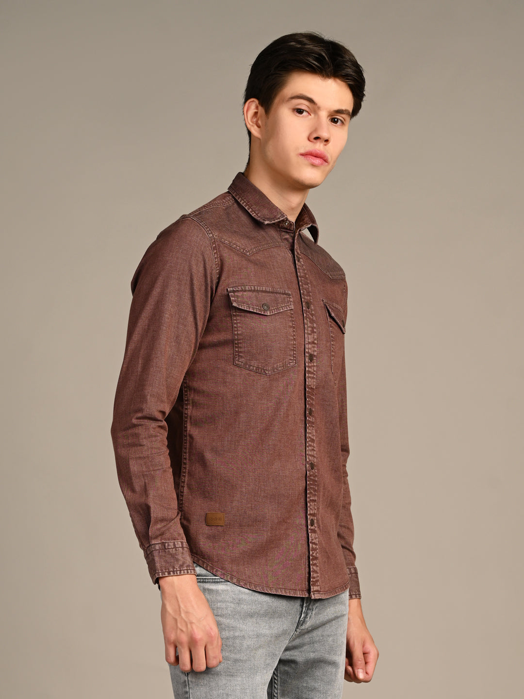 Full Sleeves Slim Fit Coffee washed Double Pocket Color Denim Solid Shirt