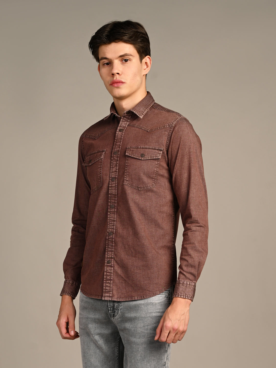 Full Sleeves Slim Fit Coffee washed Double Pocket Color Denim Solid Shirt