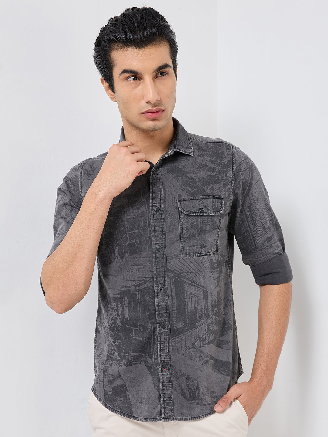 Killer Men Grey Solid Slim Fit Shirts