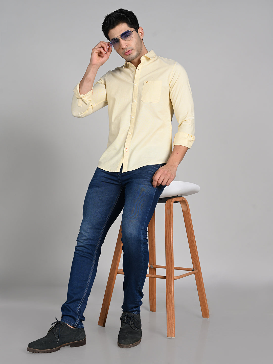 Killer Men Yellow Solid Slim Fit Shirts