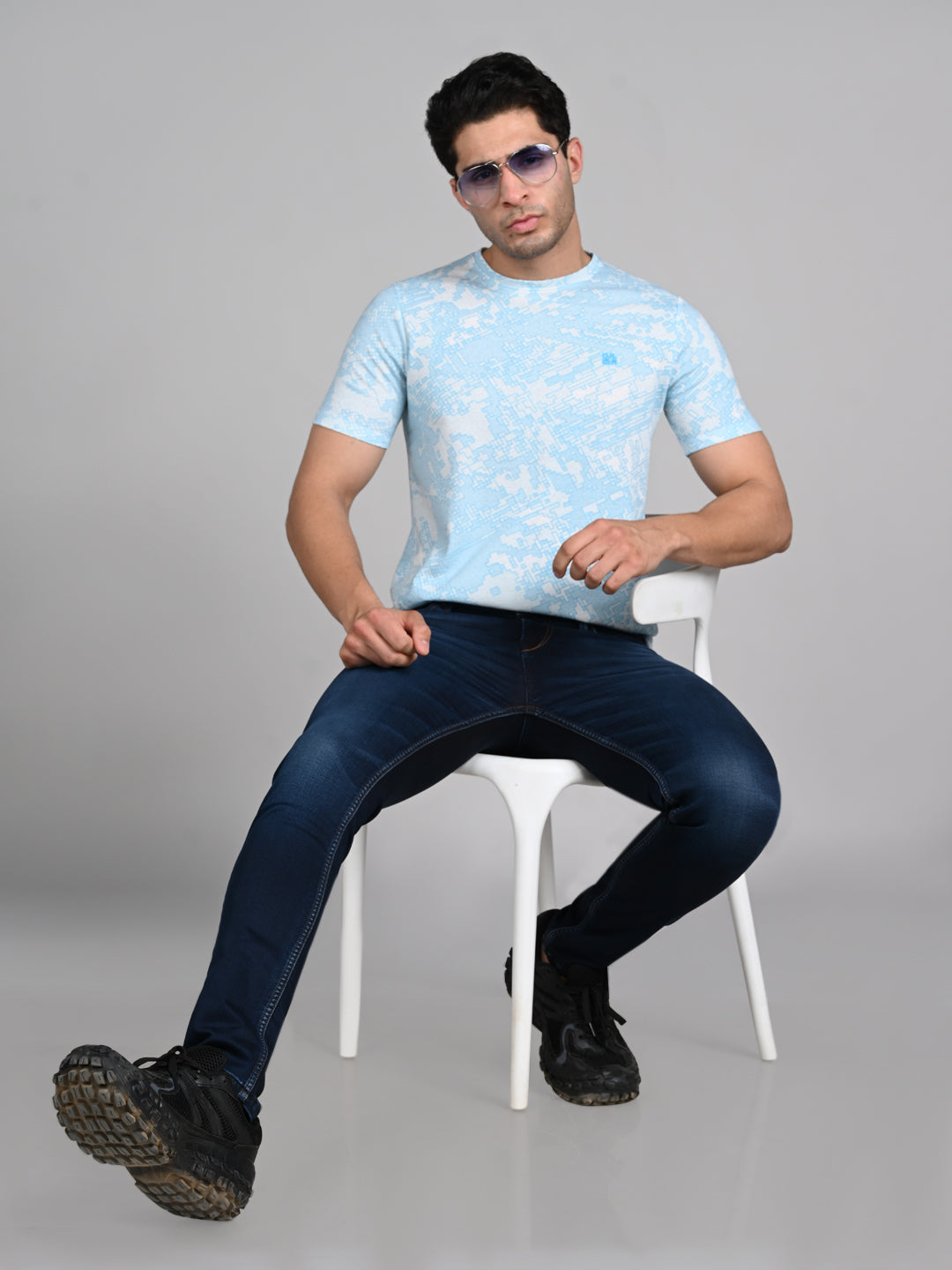 Killer Men Light Blue Printed Round Neck T-Shirts