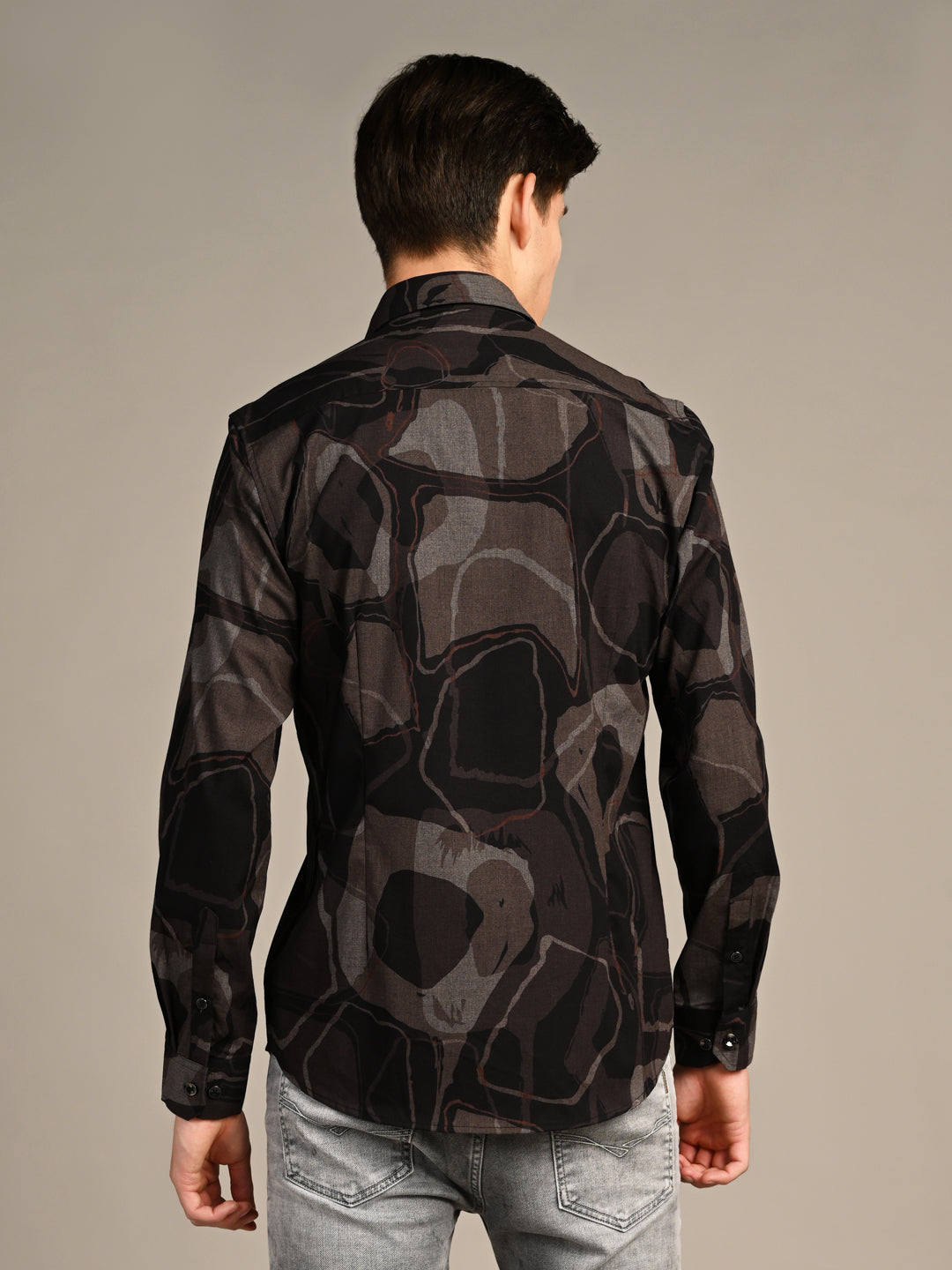 Full Sleeves Slim Fit Coffee All-Over Big Abstract Melange Print Shirt