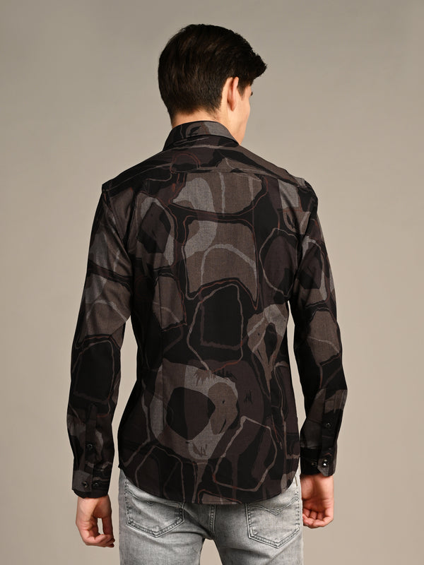 Full Sleeves Slim Fit Coffee All-Over Big Abstract Melange Print Shirt