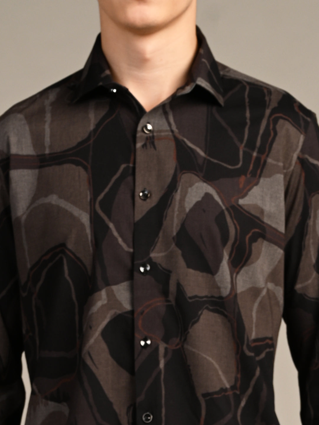 Full Sleeves Slim Fit Coffee All-Over Big Abstract Melange Print Shirt