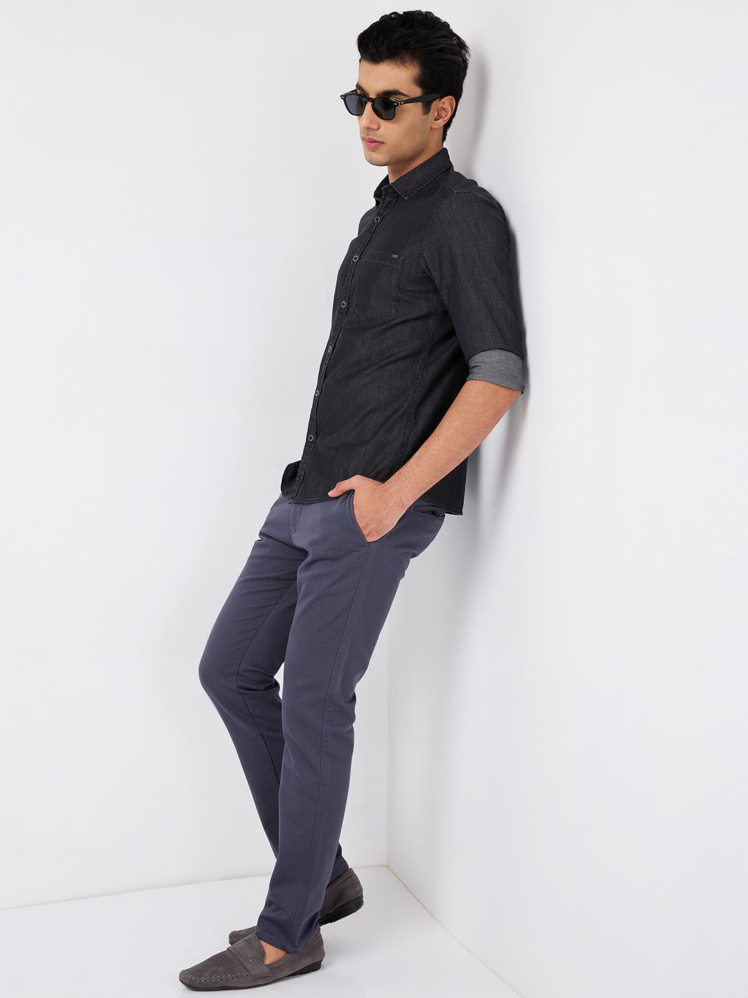 Full sleeves Slim Fit Black Dark Wash Indigo Solid Shirt