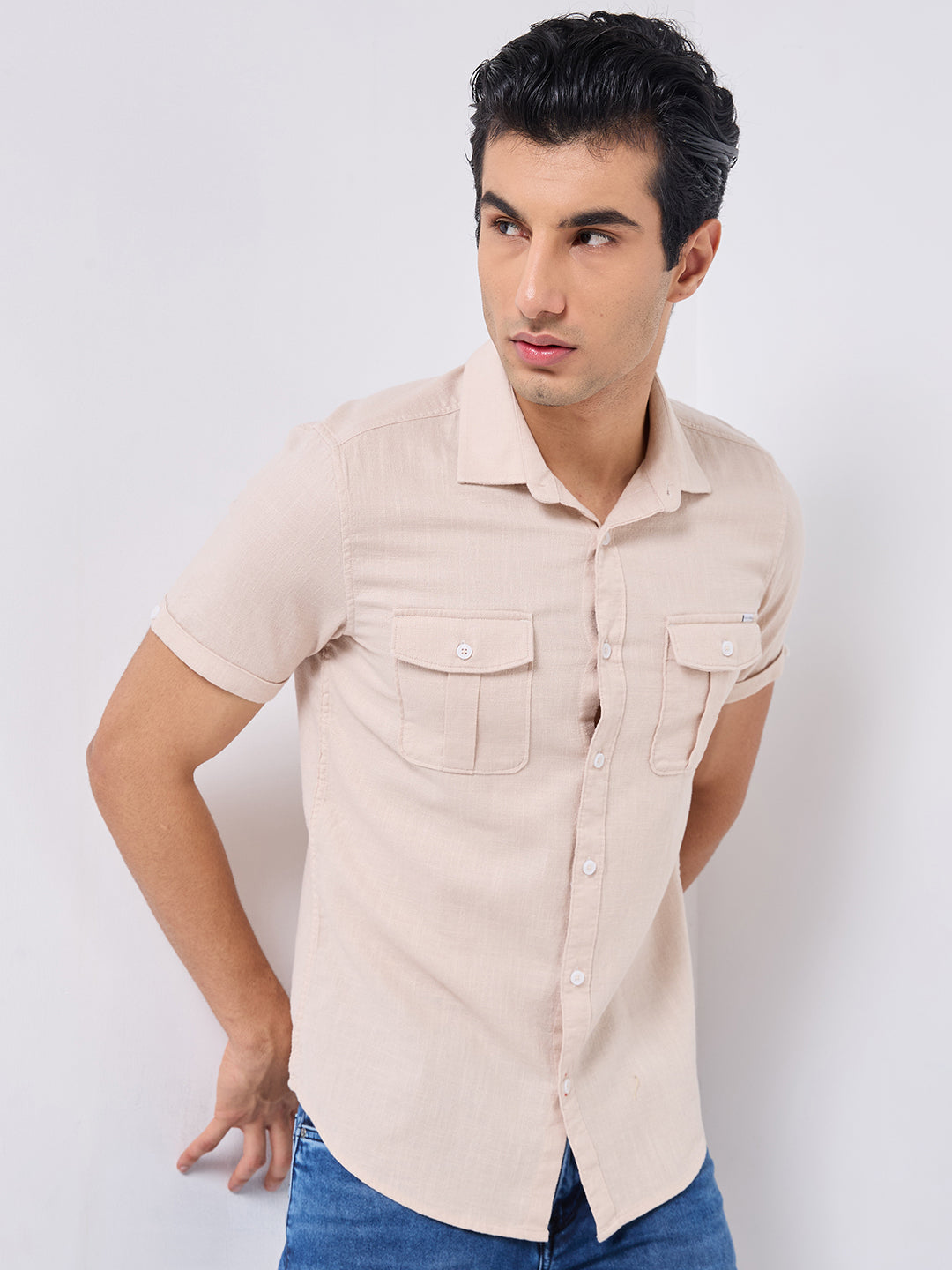 Killer Men Cream Solid Slim Fit Shirts