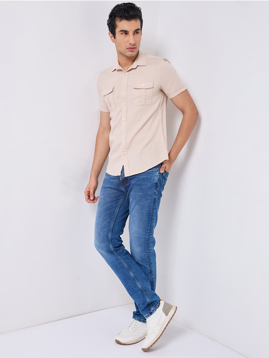 Killer Men Cream Solid Slim Fit Shirts