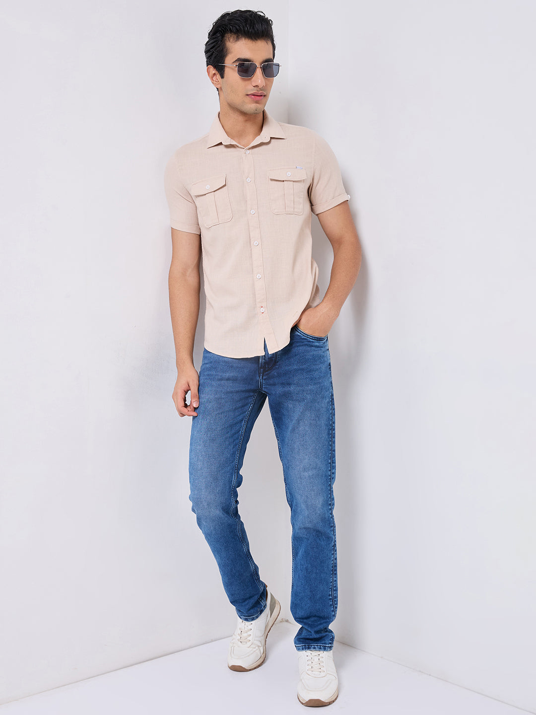 Killer Men Cream Solid Slim Fit Shirts