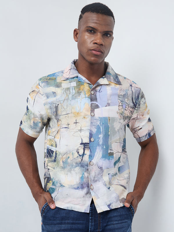 Half Sleeves Regular Fit Grey Bold abstract painterly Cuban Collar Print Shirt