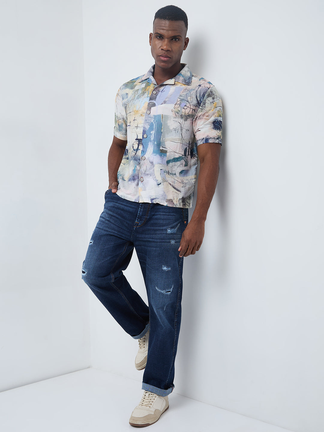 Half Sleeves Regular Fit Grey Bold abstract painterly Cuban Collar Print Shirt