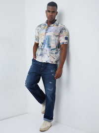 Half Sleeves Regular Fit Grey Bold abstract painterly Cuban Collar Print Shirt