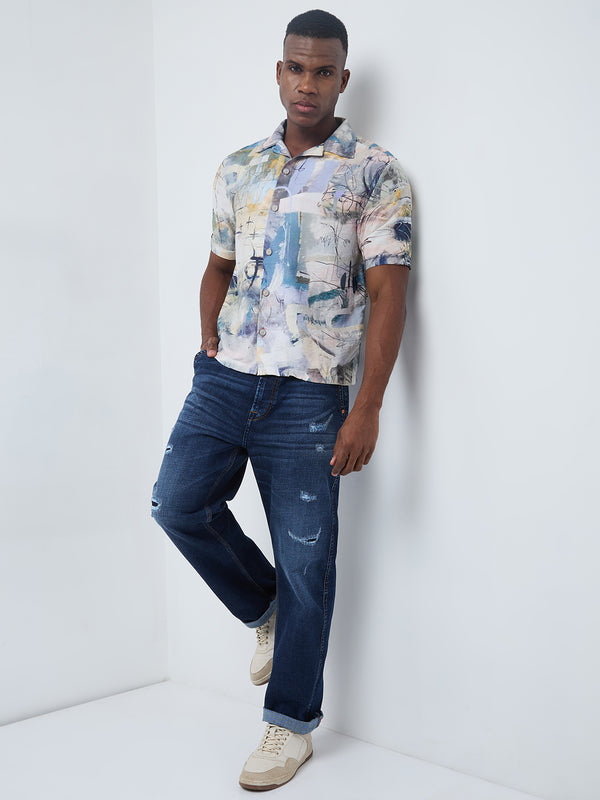 Half Sleeves Regular Fit Grey Bold abstract painterly Cuban Collar Print Shirt