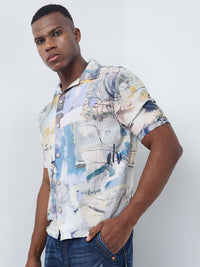 Half Sleeves Regular Fit Grey Bold abstract painterly Cuban Collar Print Shirt