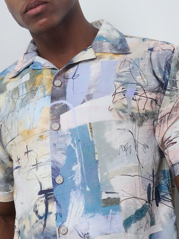 Half Sleeves Regular Fit Grey Bold abstract painterly Cuban Collar Print Shirt