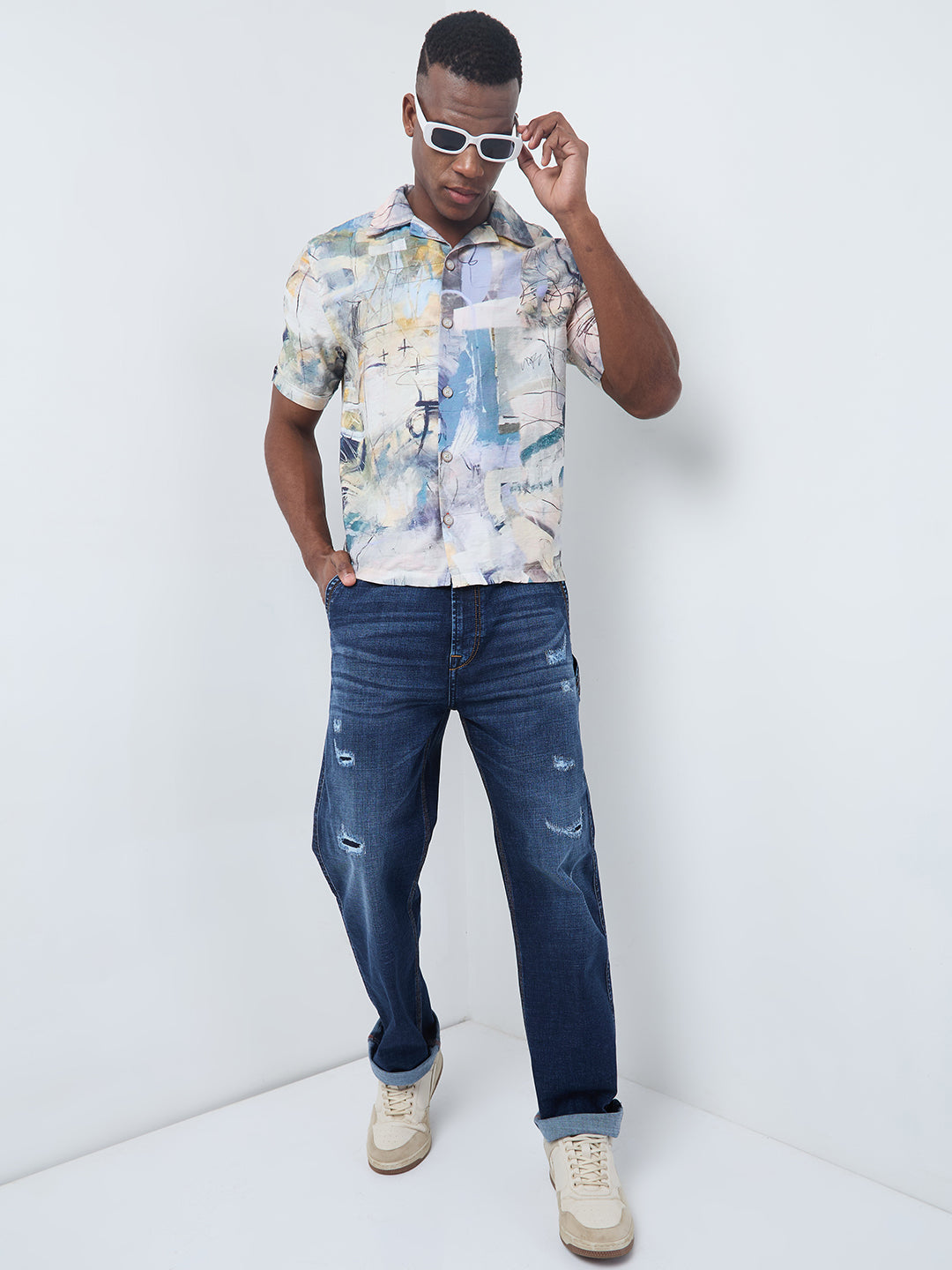 Half Sleeves Regular Fit Grey Bold abstract painterly Cuban Collar Print Shirt