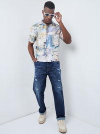 Half Sleeves Regular Fit Grey Bold abstract painterly Cuban Collar Print Shirt