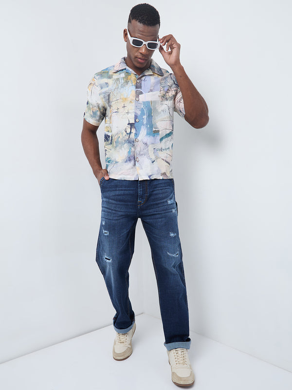 Half Sleeves Regular Fit Grey Bold abstract painterly Cuban Collar Print Shirt
