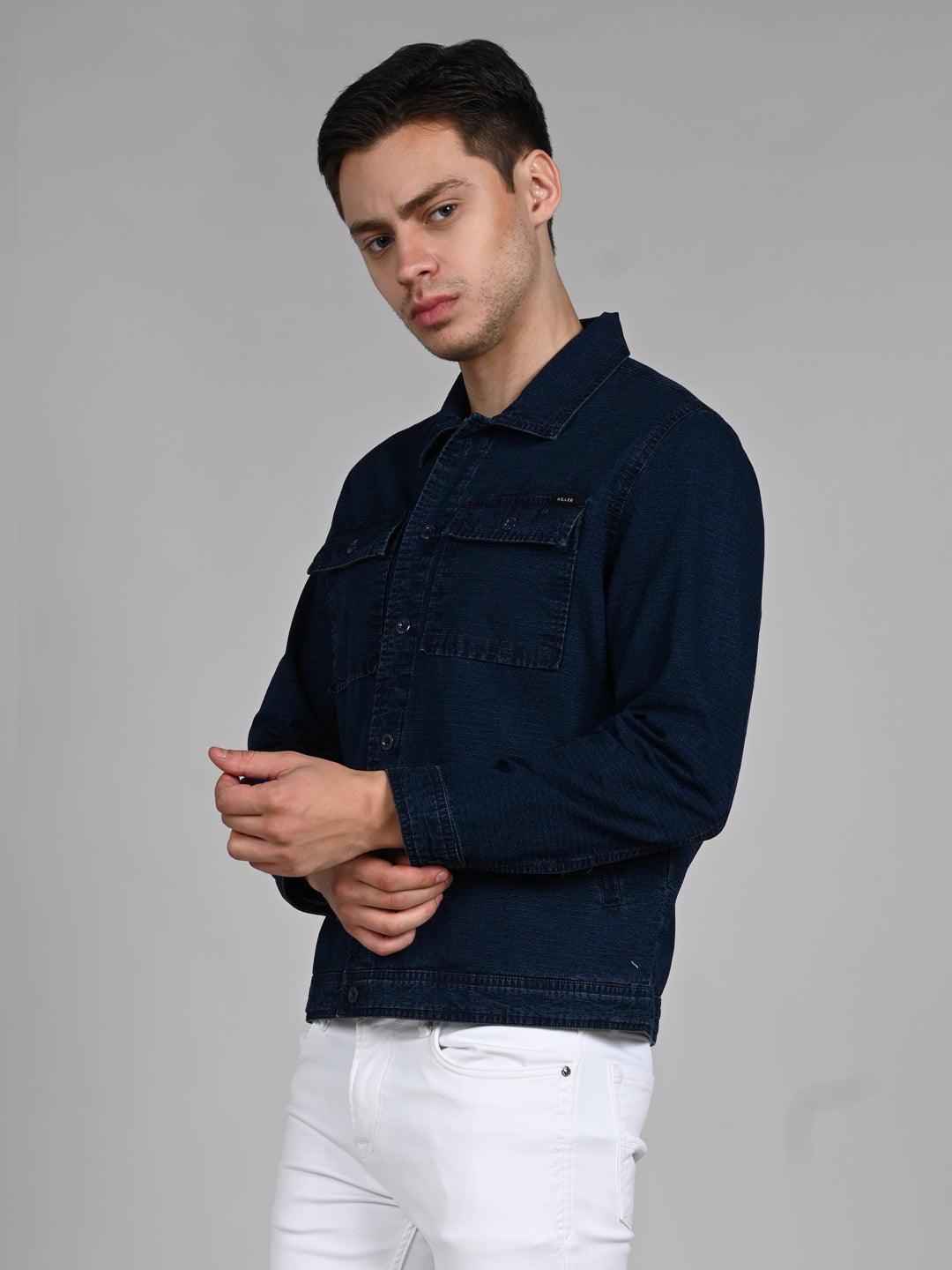 Killer Men Navy Blue Solid Loose Fit Shirts