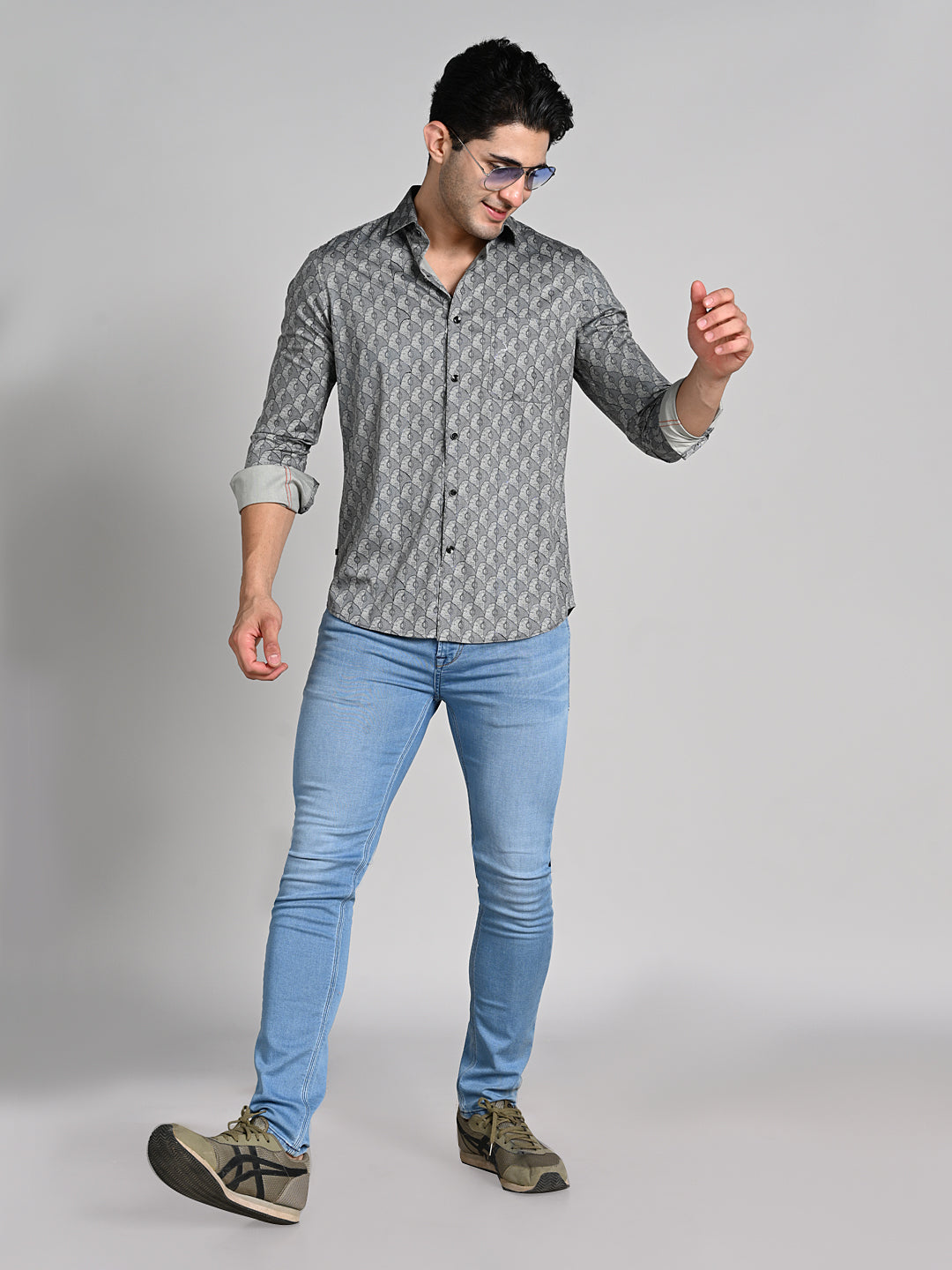 Killer Men Sage Green Printed Slim Fit Shirts