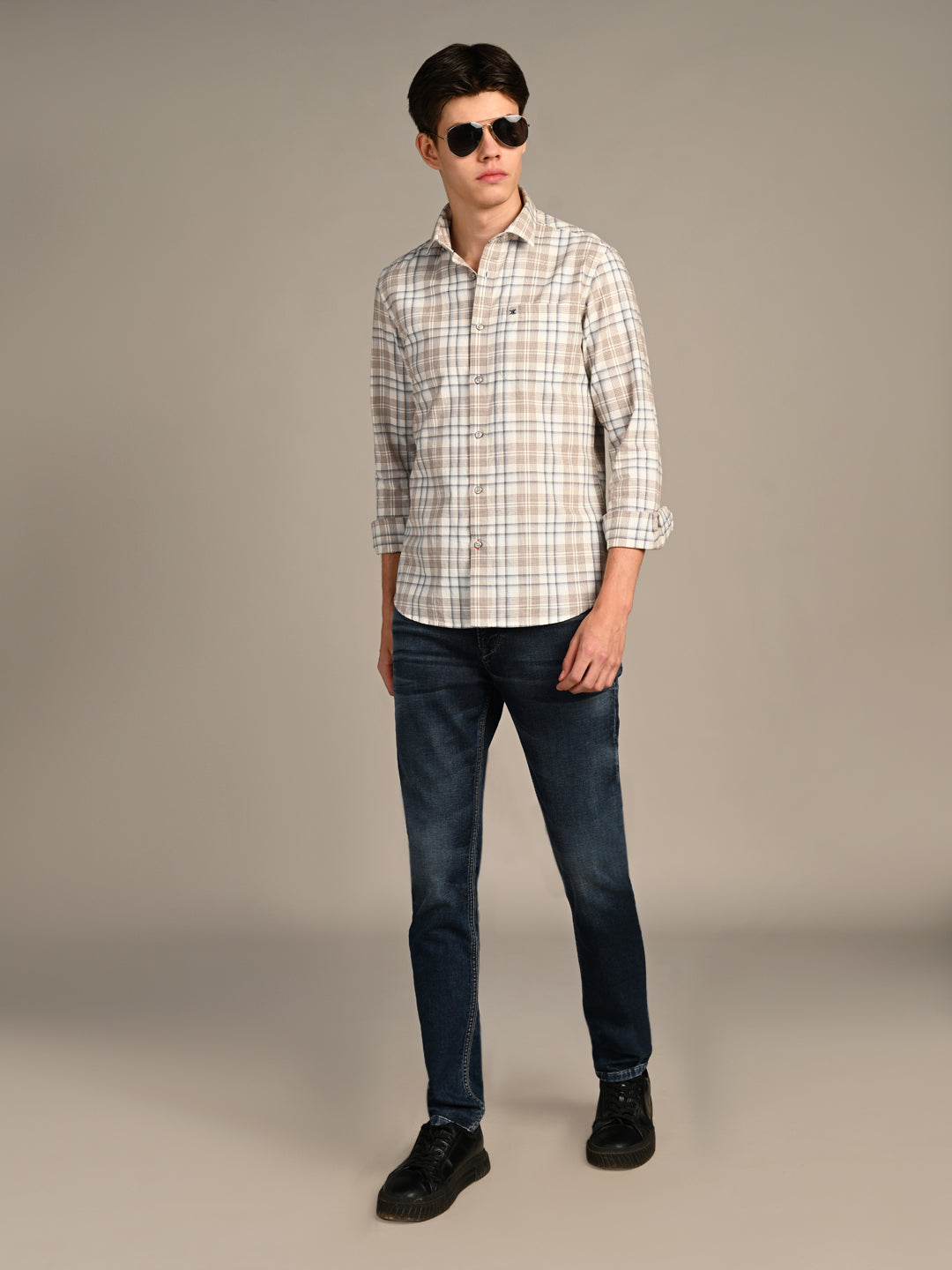 Killer Men Brown Checks Slim Fit Shirts