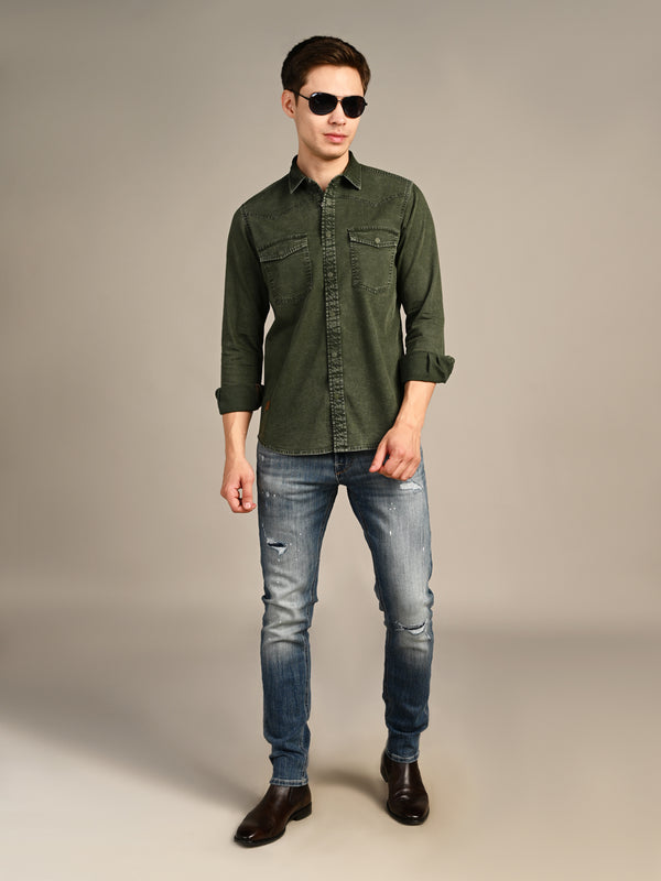 Killer Men Olive Green Solid Slim Fit Shirts
