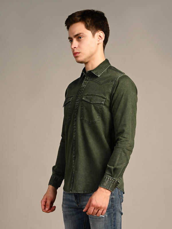 Killer Men Olive Green Solid Slim Fit Shirts