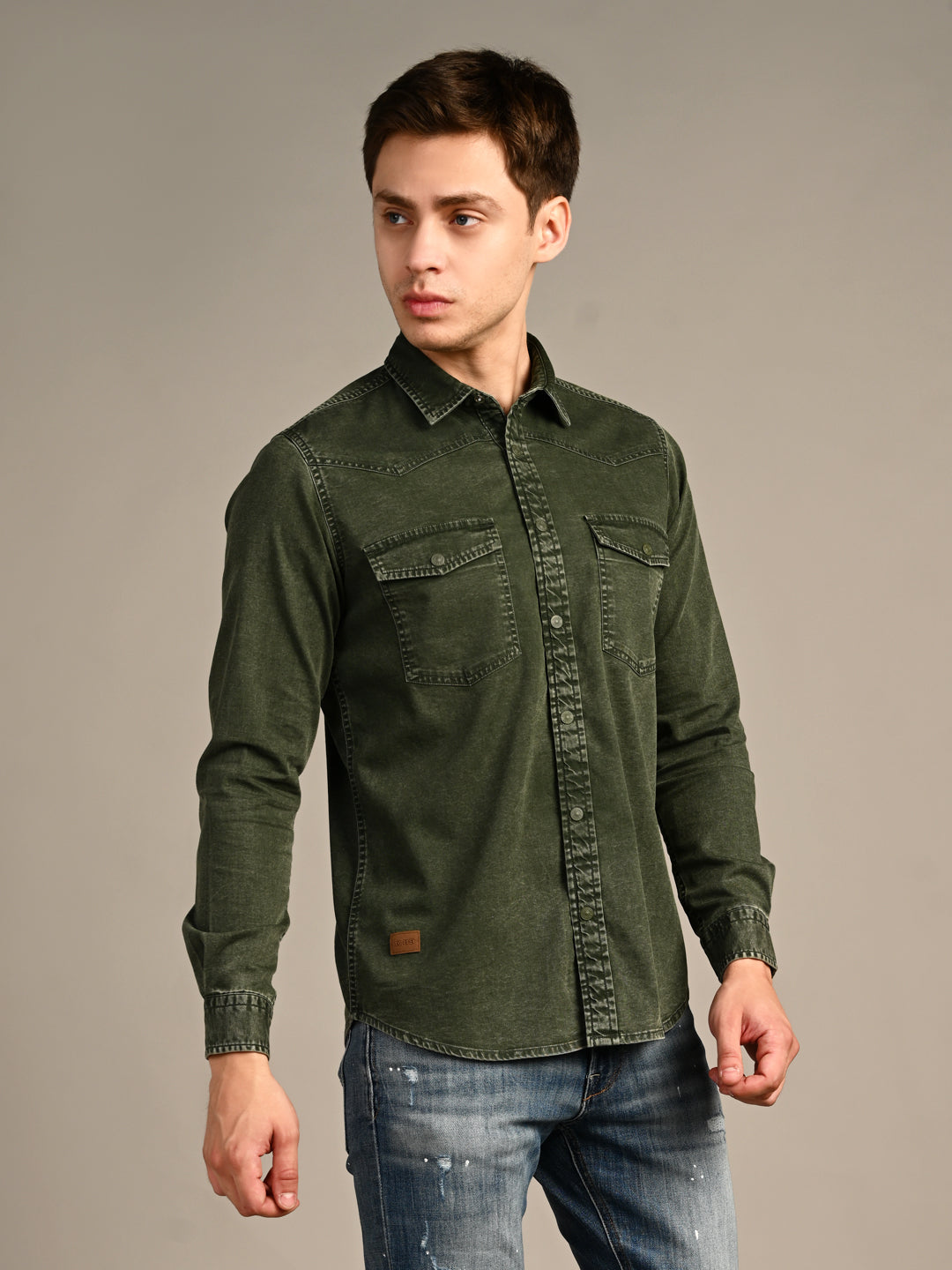 Killer Men Olive Green Solid Slim Fit Shirts