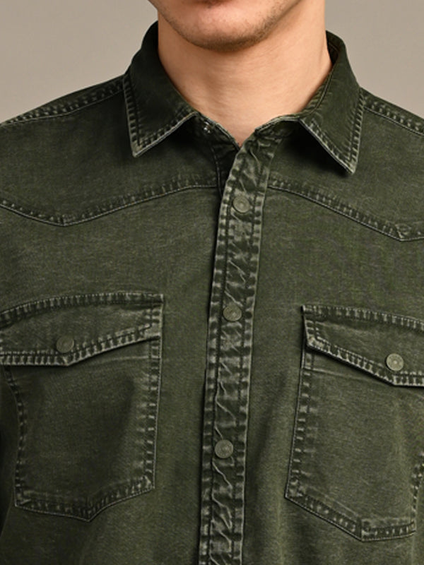 Killer Men Olive Green Solid Slim Fit Shirts