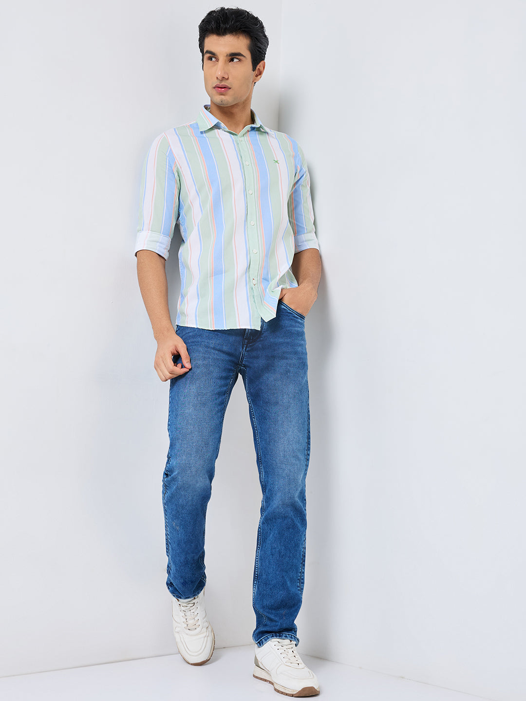 Full sleeves Slim Fit Green Multi Striper Oxford Shirt