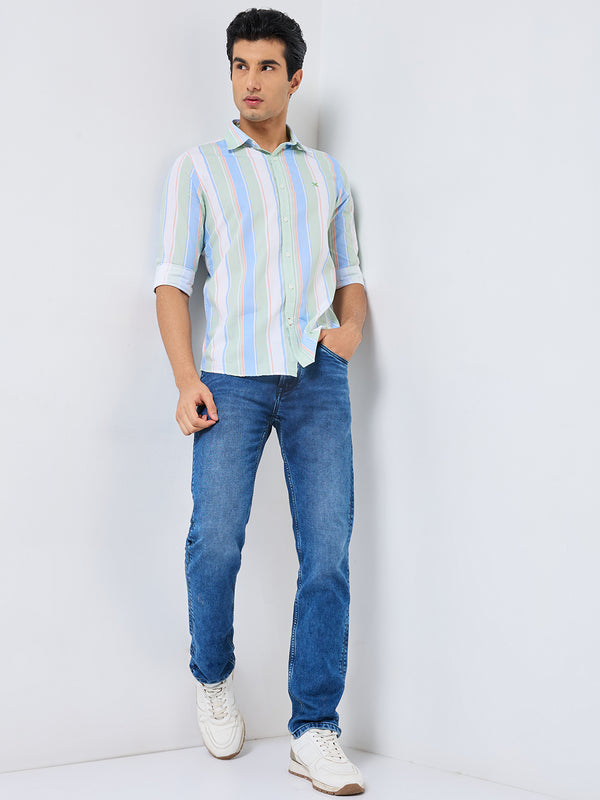 Full sleeves Slim Fit Green Multi Striper Oxford Shirt