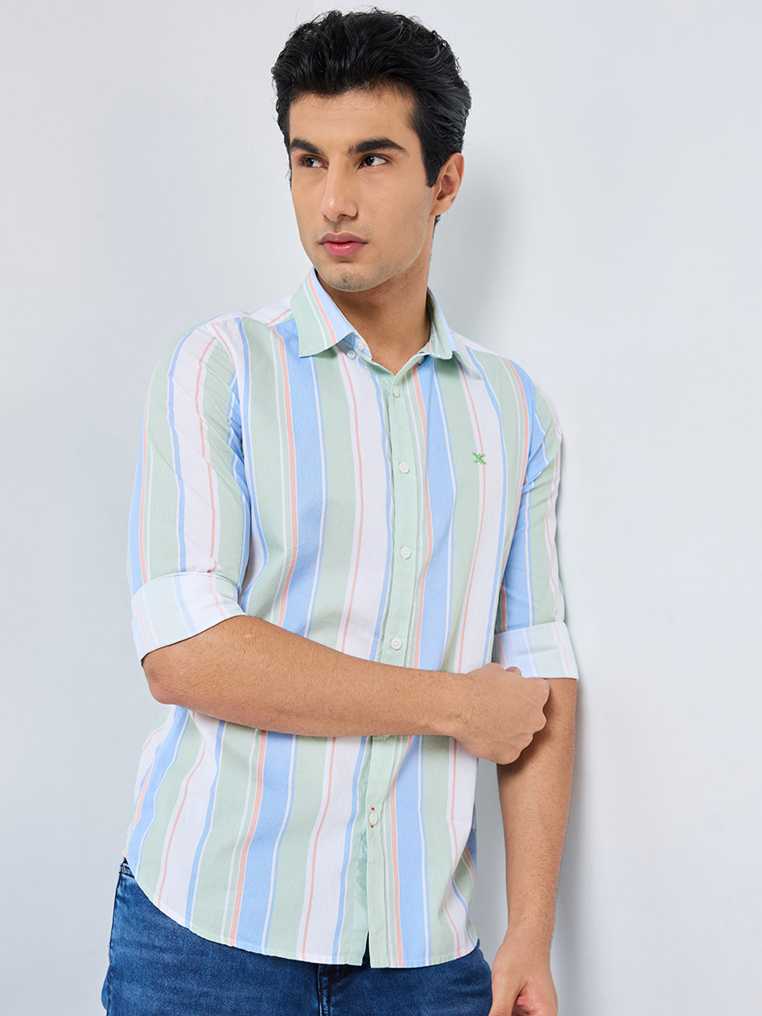 Full sleeves Slim Fit Green Multi Striper Oxford Shirt