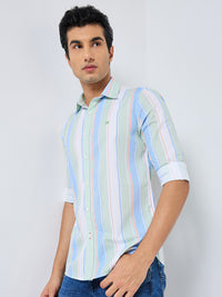 Full sleeves Slim Fit Green Multi Striper Oxford Shirt