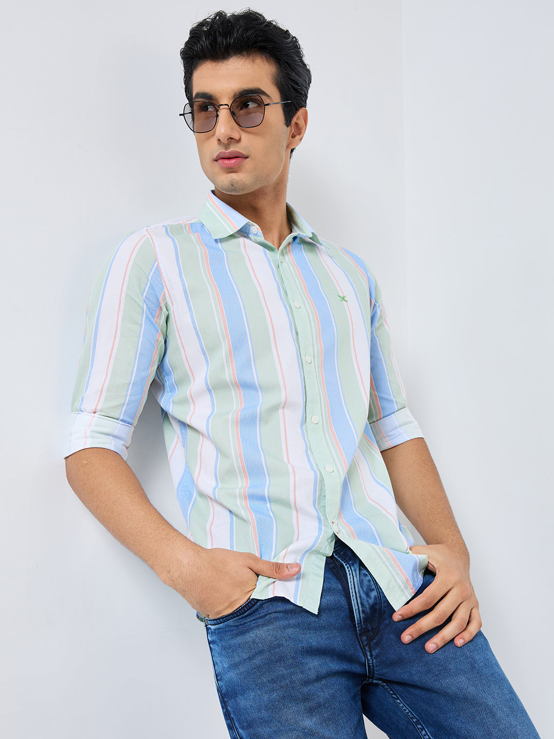 Full sleeves Slim Fit Green Multi Striper Oxford Shirt