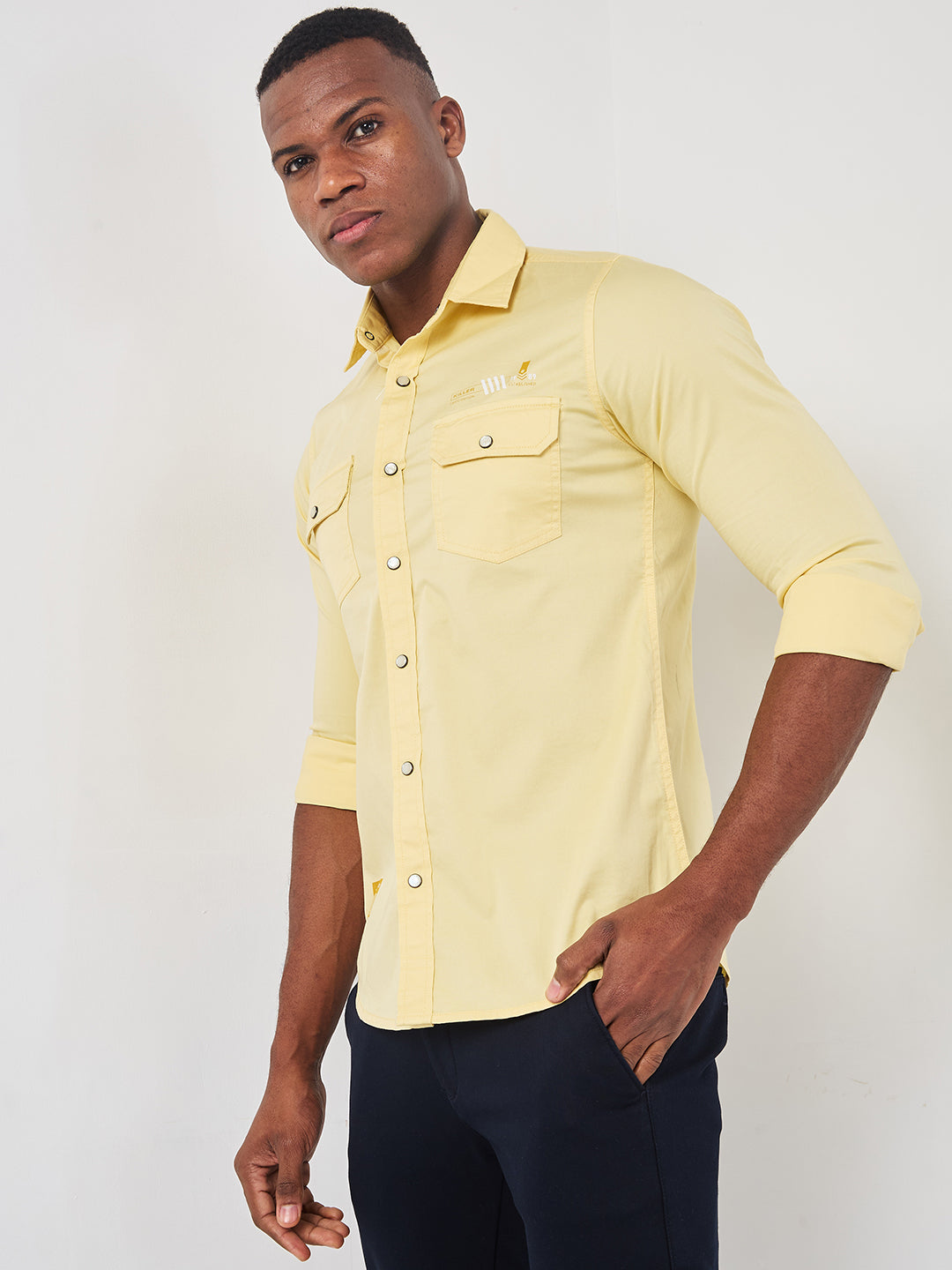 Killer Men Yellow Solid Slim Fit Shirts