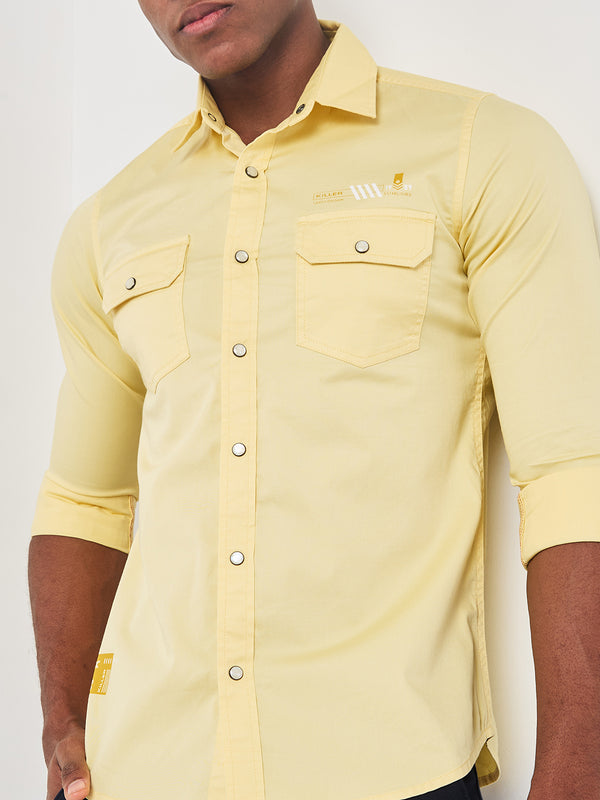 Killer Men Yellow Solid Slim Fit Shirts