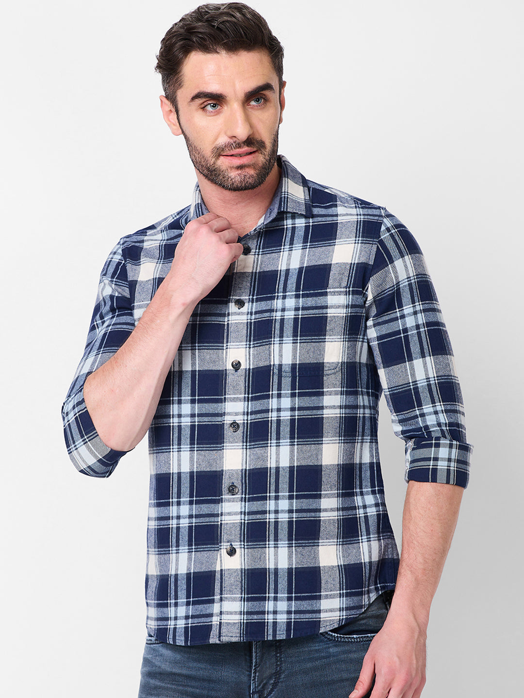 Men Navy Checks Slim Fit Shirt
