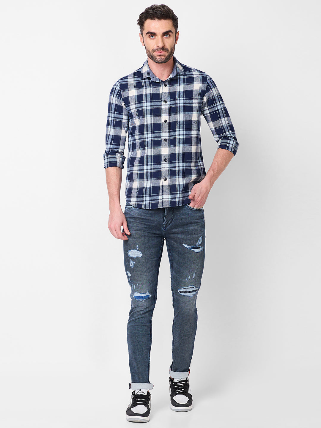 Full sleeves Slim Fit Navy Brushed Checks Shirt