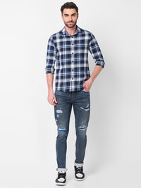 Full sleeves Slim Fit Navy Brushed Checks Shirt