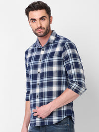 Full sleeves Slim Fit Navy Brushed Checks Shirt