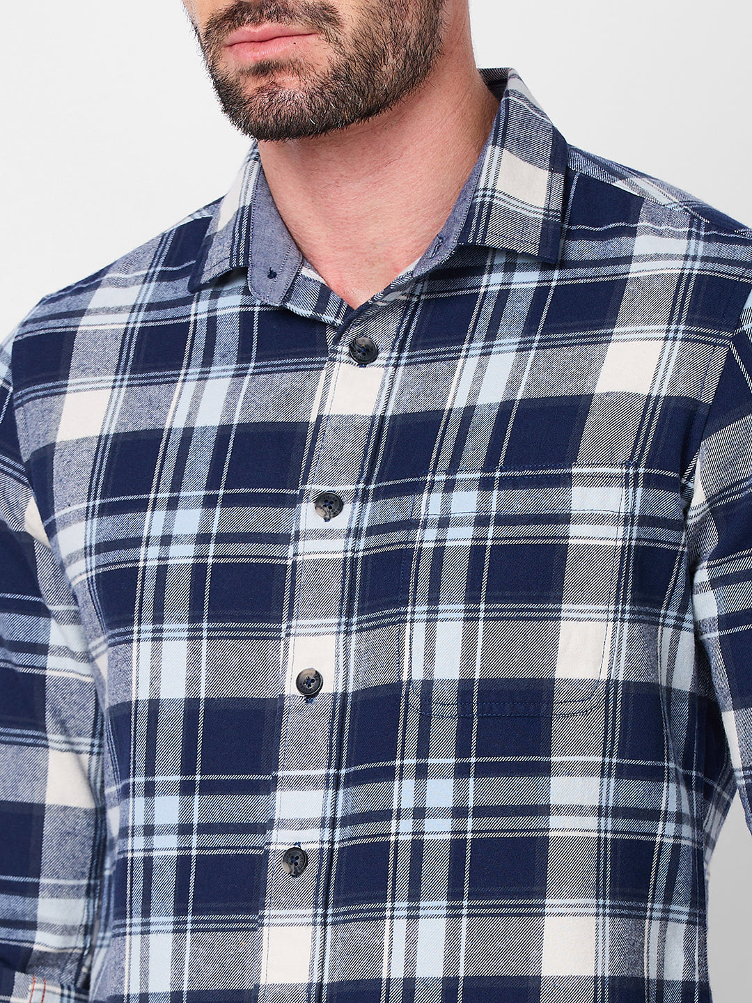 Full sleeves Slim Fit Navy Brushed Checks Shirt