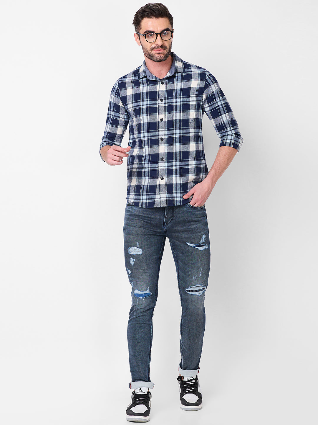 Full sleeves Slim Fit Navy Brushed Checks Shirt