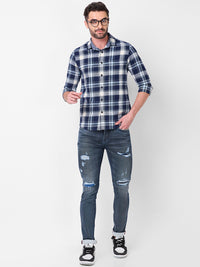 Full sleeves Slim Fit Navy Brushed Checks Shirt