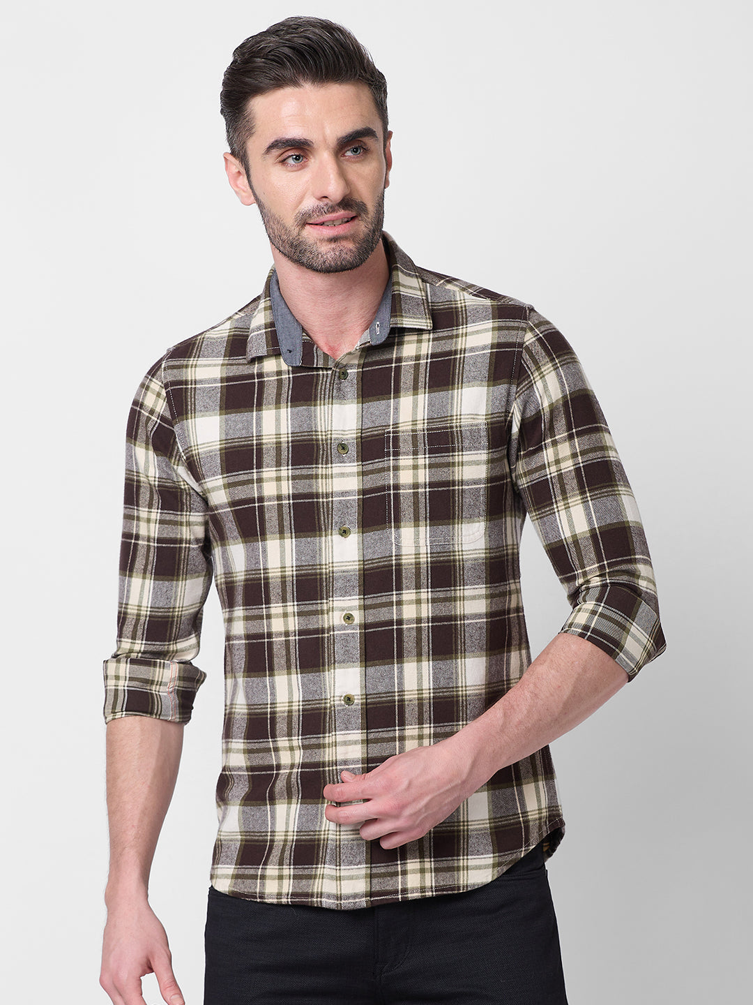Killer Men Brown Checks Slim Fit Shirts