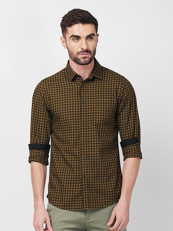 Killer Men Dark Mustard Checks Slim Fit Shirts