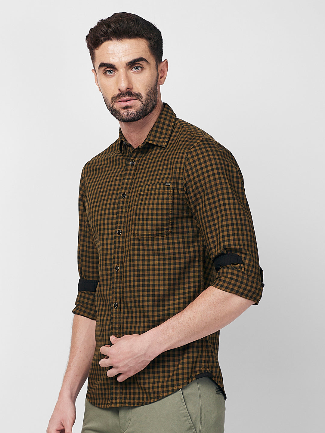 Killer Men Dark Mustard Checks Slim Fit Shirts