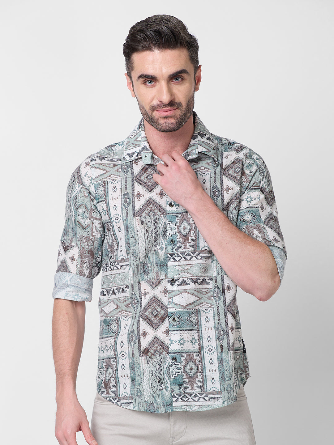 Full sleeves Slim Fit Pista Tribal Geometric Motif Print Shirt