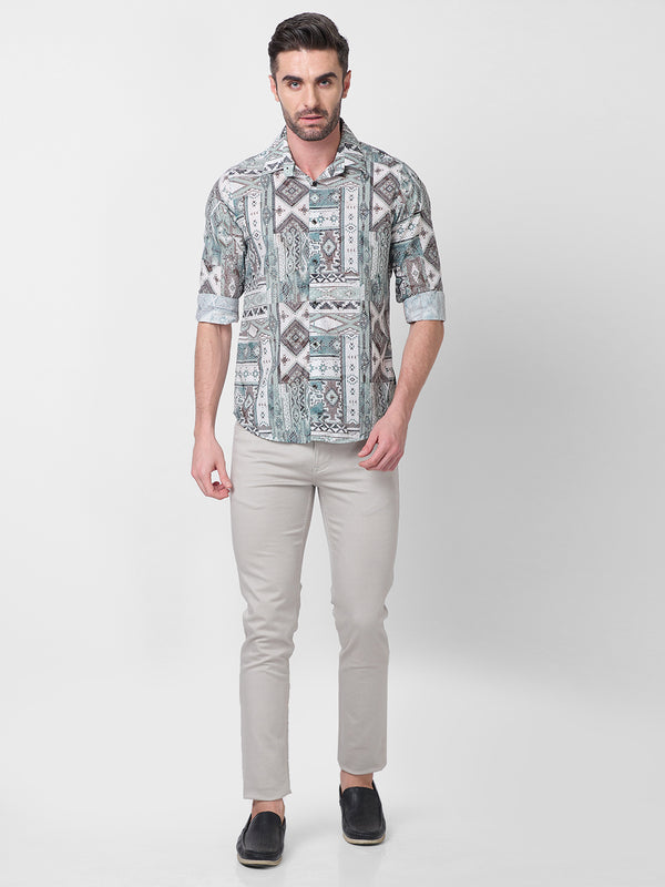 Full sleeves Slim Fit Pista Tribal Geometric Motif Print Shirt